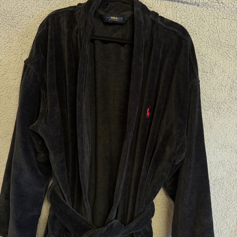 Polo Ralph Lauren Bath Robe Men L/XL  Navy Blue Red Pony Terry Cloth Belted Long